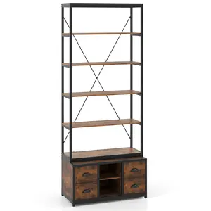 COSTWAY - 8-tier Bookshelf with 4 Fabric Drawers  and Heavy-duty Metal Frame-Coffee