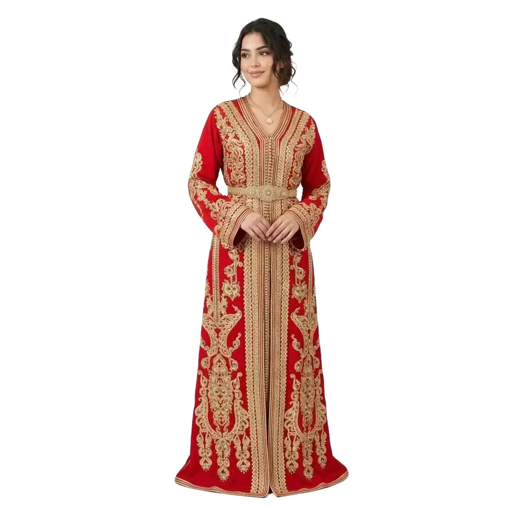 Elegant Hand-Embroidered Moroccan Caftan in Rich Red