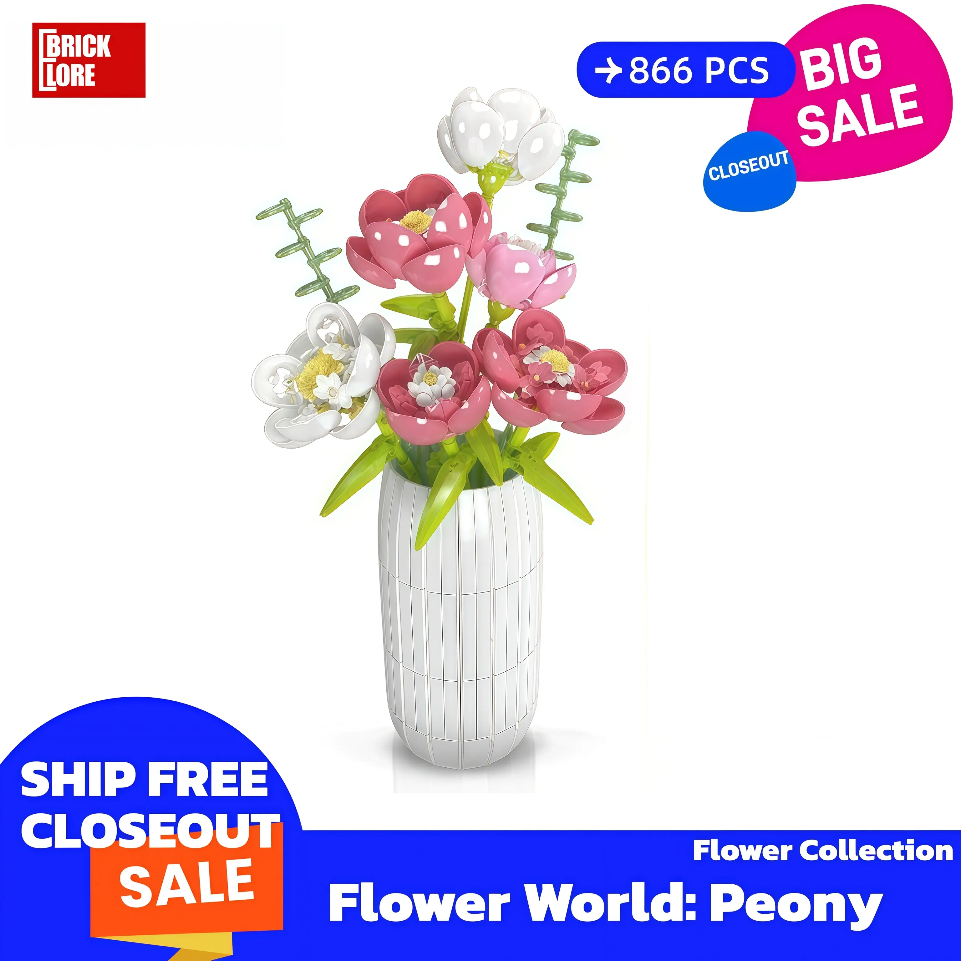 [BrickLORE](SHIP FREE) Flower World: Peony Flower collection 866 Pieces