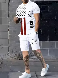 Independence Day American Flag Print Casual Set, Unisex Short Sleeve Shorts, Summer Fashion Trend, All Seasons Wear