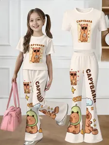 Girls' Milk Tea Waterhog Print Short Sleeve Set, Matching Bell Bottom Pants, Cute Healing Style, Soft Skin-Friendly, Cute Clothing Set