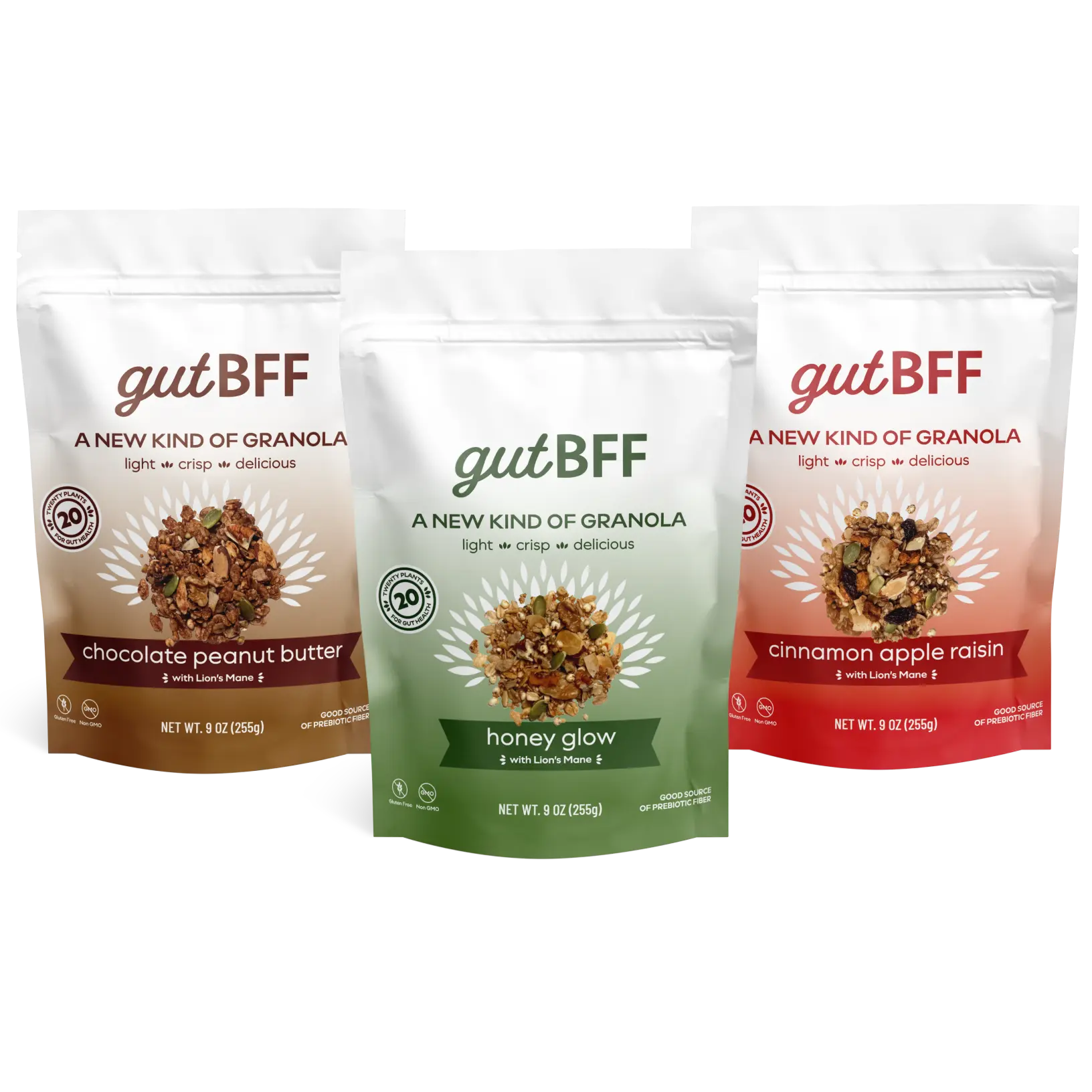 gutBFF Gut-Friendly Prebiotic Granola + Lion’s Mane | 1 or 3-Pack (Variety & Bundles) | Low Sugar & GF | Honey, Apple, Choc PB | 9oz bags
