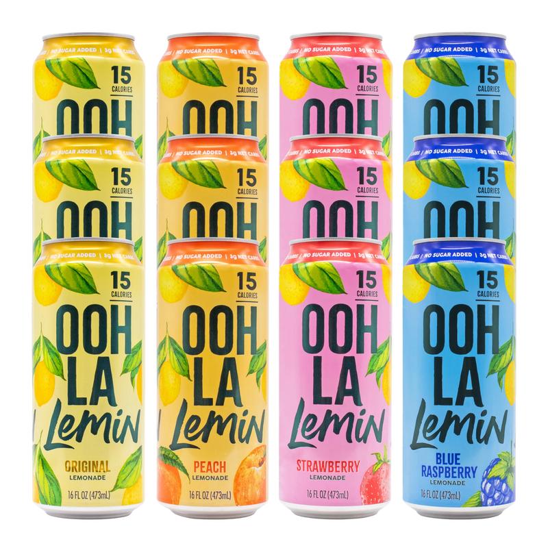 Ooh La Lemin Lemonade Variety 12 Pack - Natural Sugar-Free Beverages in Four Flavors - Original, Peach, Strawberry, & Blue Raspberry - 16 FL OZ Each - 15 Calories per Can