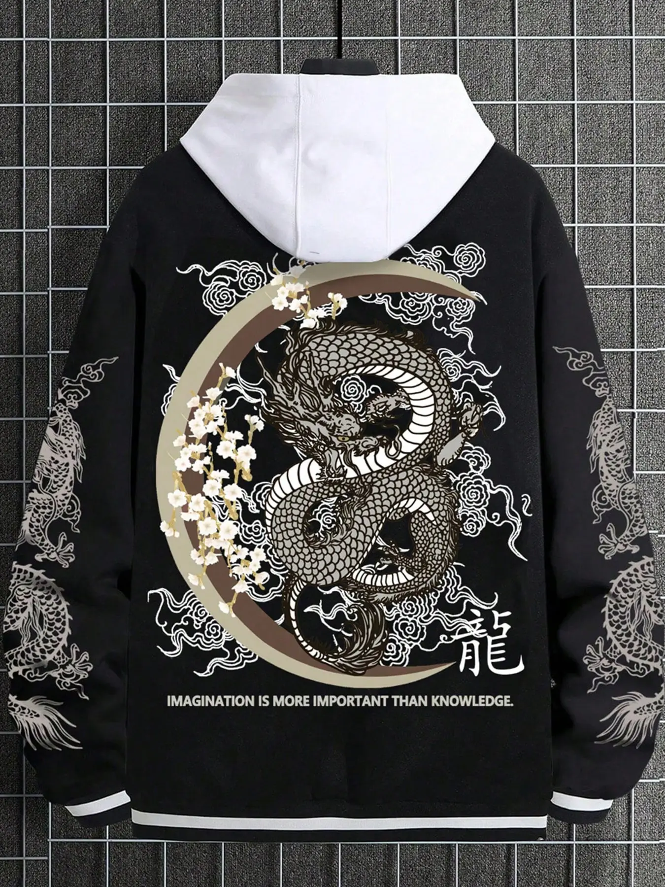 Japanese Street Style Aesthetic Crane Dragon Hoodie, Unisex Vintage Colorblock Jacket, Moon Sakura Print, Fall Winter Warm Fleece, Casual Fit, Cherry