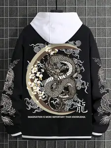 Japanese Street Style Aesthetic Crane Dragon Hoodie, Unisex Vintage Colorblock Jacket, Moon Sakura Print, Fall Winter Warm Fleece, Casual Fit