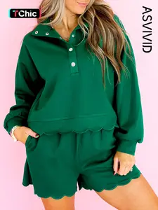 Women's Casual Solid Embroidered Scallop Trim Half Button Long Sleeve Pullover Set with Drawstring Pockets Shorts, 2 Piece Set, All Seasons Wear, Chic Feminine Outfit