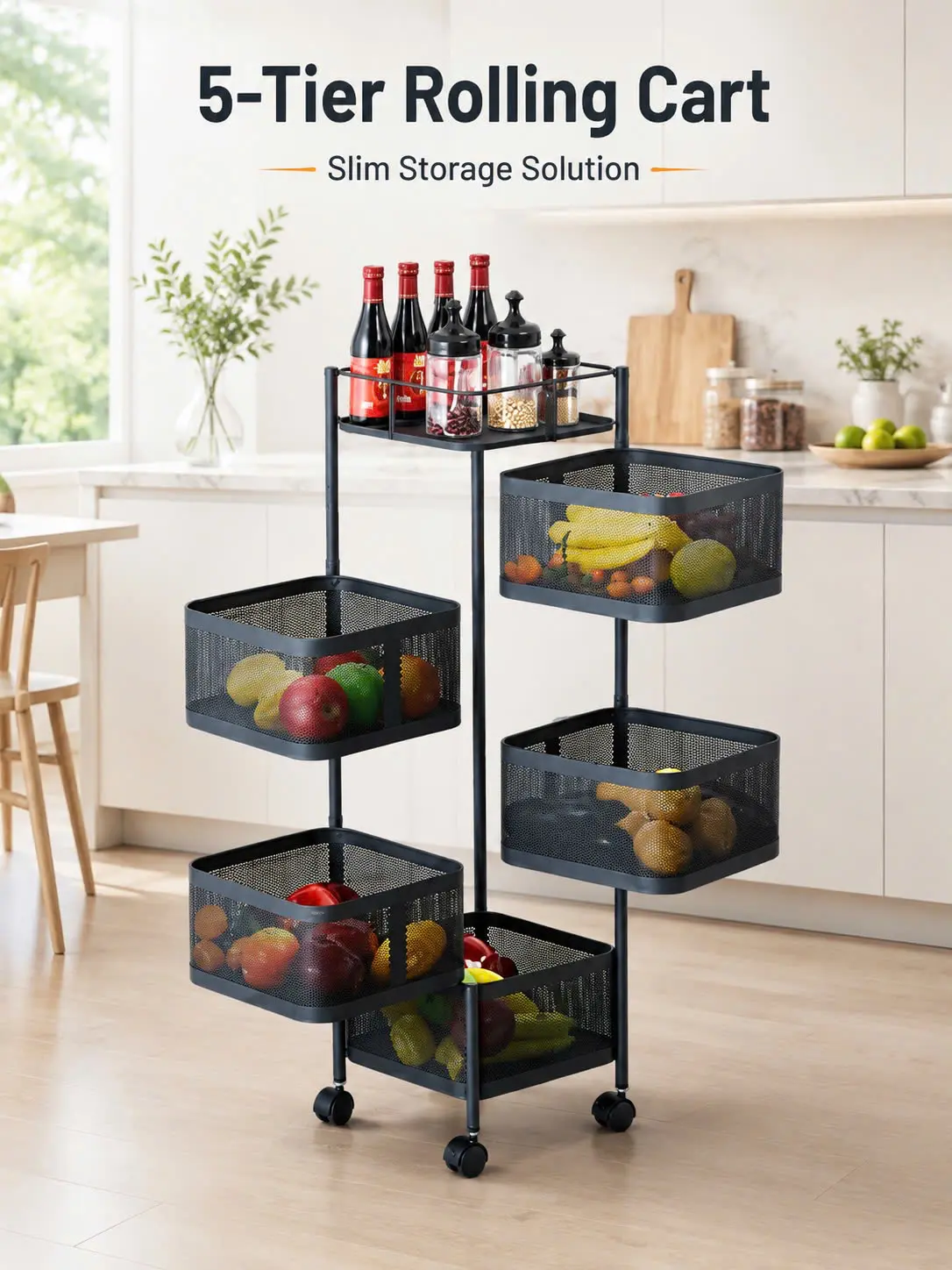 5-Tier Metal Mesh Rolling Kitchen Storage Cart, Rotating Mesh Baskets, 360° Locking Wheels, Carbon Steel Pantry Organizer with Top Tray, Black
