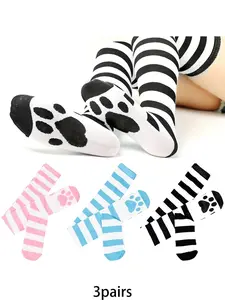 3 pairs of stylish striped animal paw over-the-knee socks, warm and comfortable for casual wear, suitable for women's winter daily use, parties, and festivals, Thigh High Socks
