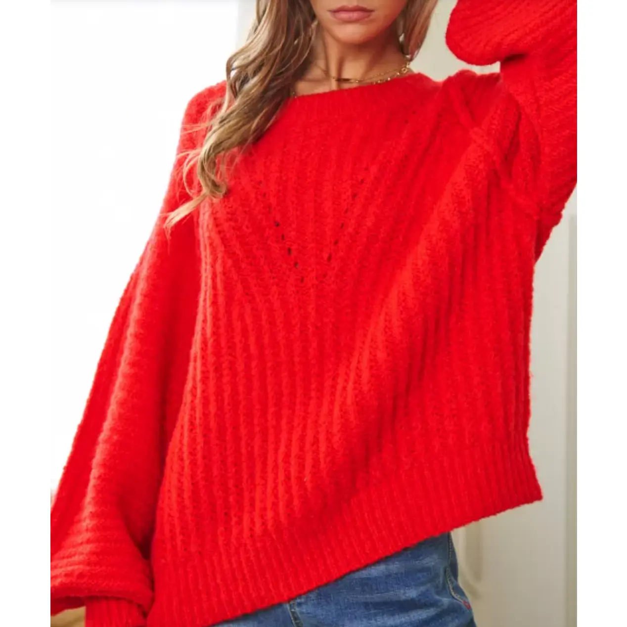 Tomato Fuzzy Textured Sweater Dropped Shoulder Available in PLUS SIZE