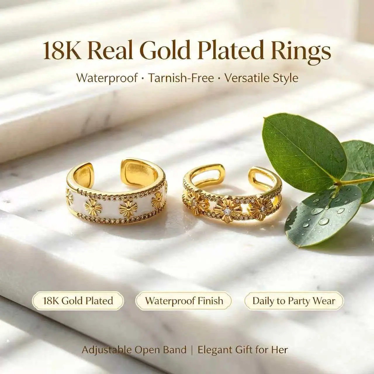 Women's 2-Piece 18K Gold Plated White Enamel Open Band Ring Stack - Elegant Floral Design, Sparkling Stackable CZ Cuff Rings, Tarnish-Free Hypoallergenic Adjustable, French Minimalist Party/Daily Jewelry, Birthday Gift