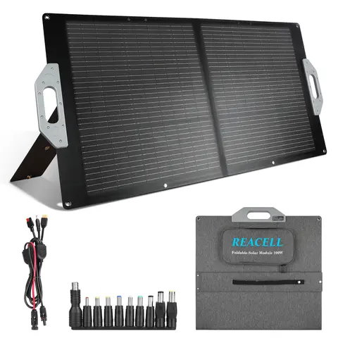 100W 18V Foldable Portable Solar Panel Kit with Glass Cover, 23% High Eff., 11.13 lbs, 23.62"x24"x1.18", IP67 Waterproof, USB/DC/MC4 Outputs, Overcharge Guard, Storage Bag for Outdoor Camping, RV Trips