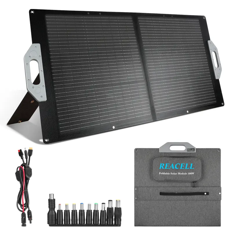 100W 18V Foldable Portable Solar Panel Kit with Glass Cover, 23% High Eff., 11.13 lbs, 23.62"x24"x1.18", IP67 Waterproof, USB/DC/MC4 Outputs, Overcharge Guard, Storage Bag for Outdoor Camping, RV Trips