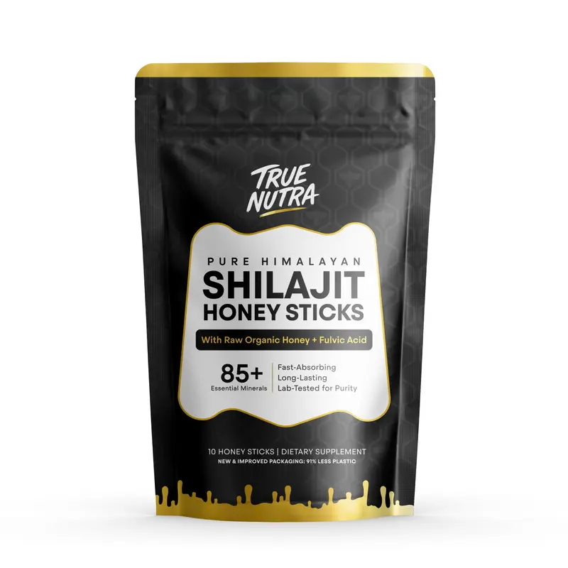 True Nutra Pure Himalayan Shilajit Honey Sticks with Raw Organic Honey Fulvic Acid 85+ Essential Minerals Fast Absorbing Long Lasting 10 Sticks