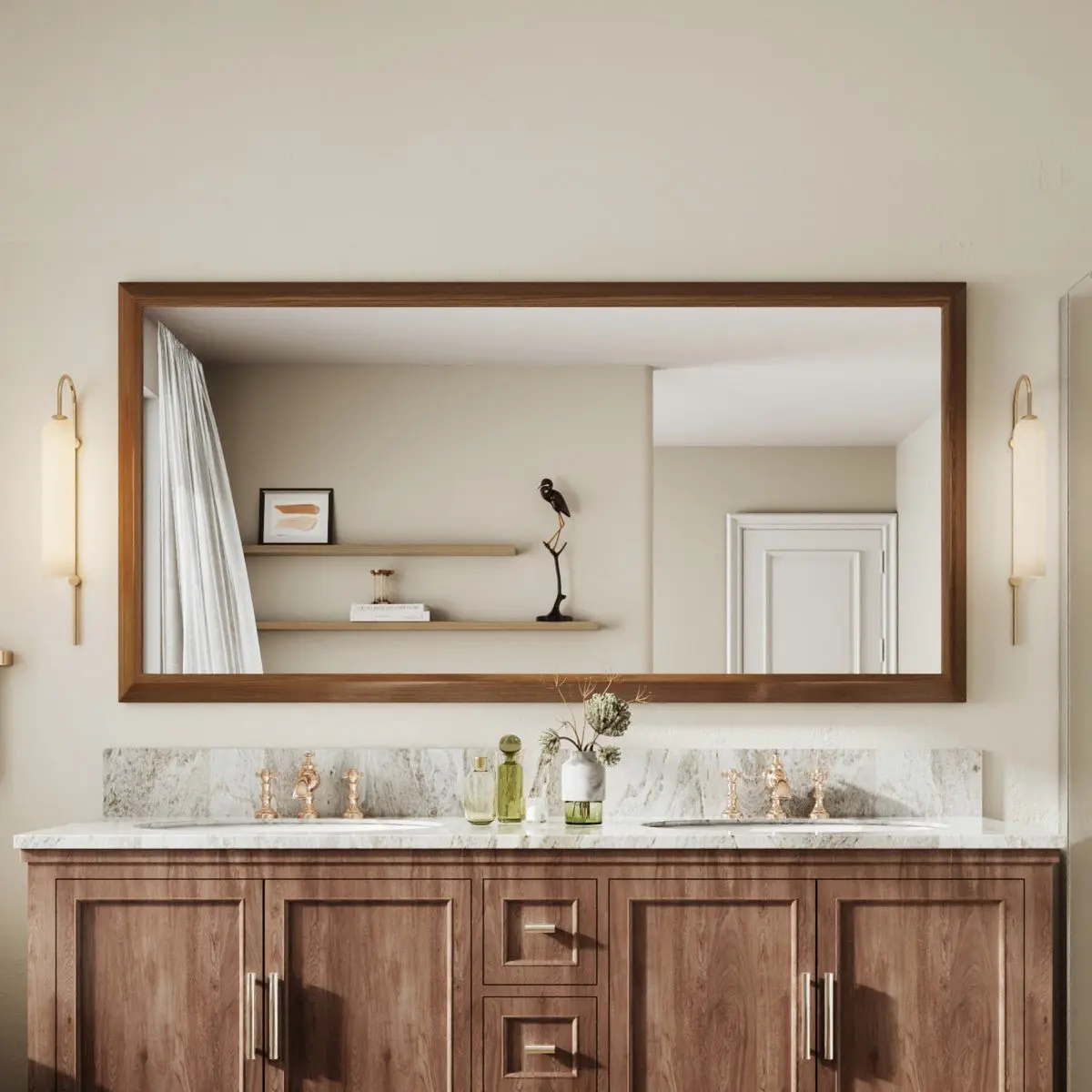 72" x 36" Big Mirror for Wall with Dark Wood Grain Frame, Elegant Rectangular Design, Tempered Shatterproof Glass for Bathroom, Living Room & Hallway | Nolhurst