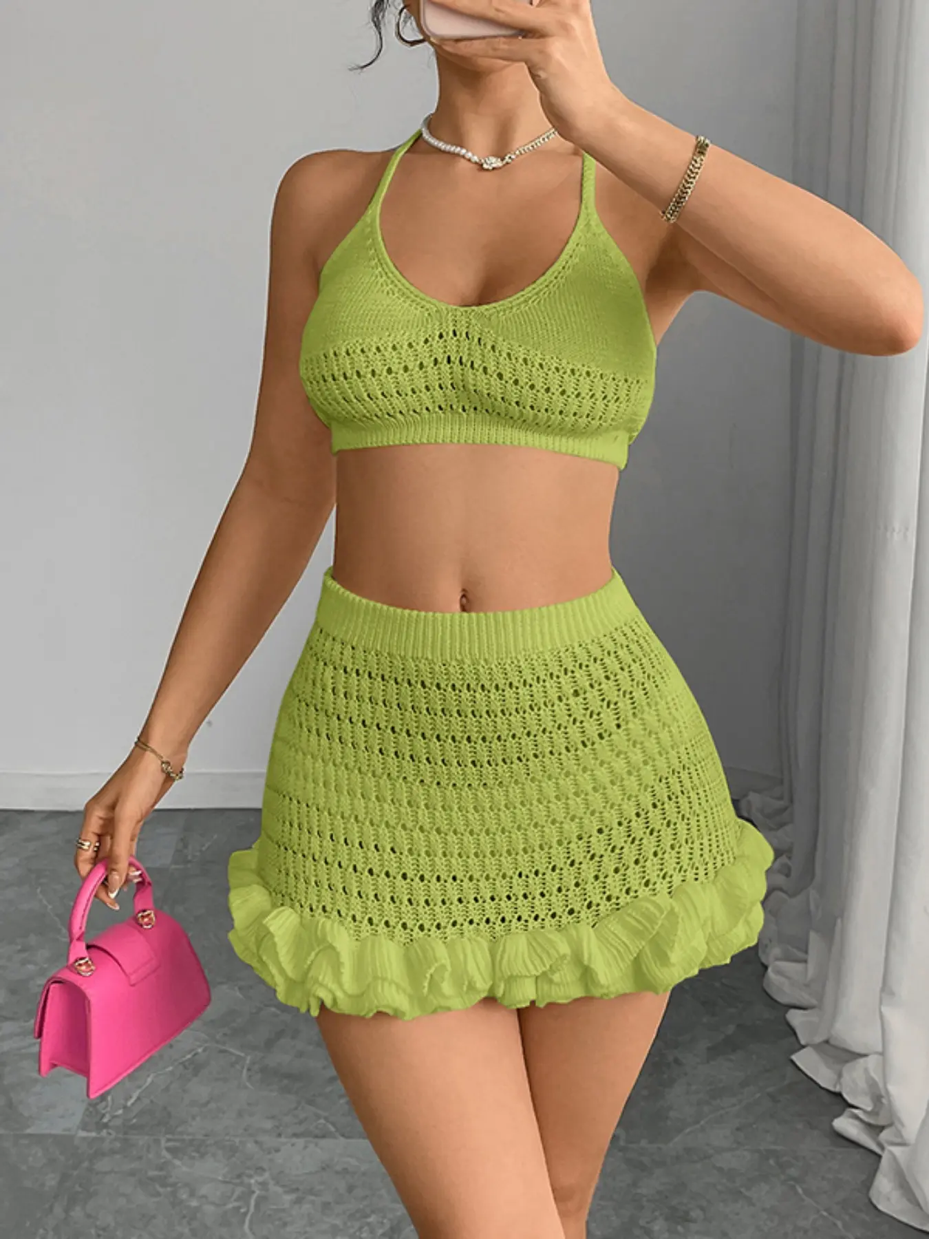 Summer Beach Vacation Fashion Chic Knit Beachwear Cover Up Two-Piece Set, Sexy Tie Up Crop Top and Slim-Fit Skirt for Bikinis