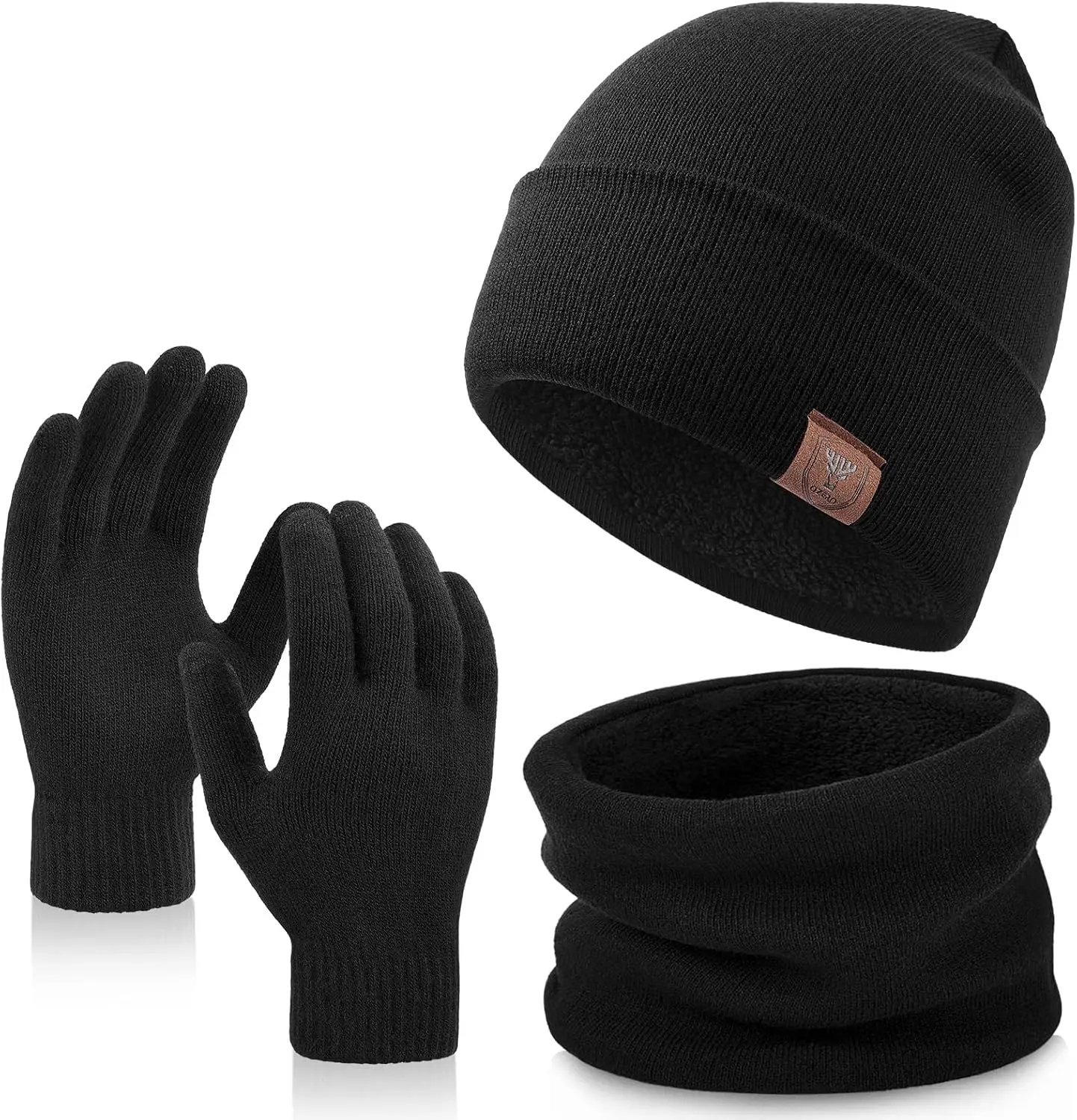 OZERO 3-Piece Winter Hat Scarf Gloves Set for Men and Women, Fleece-Lined Knit Beanie, Neck Warmer and Touchscreen Gloves for Cold Weather, Outdoor Travel, Skiing, Running
