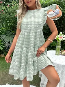 NANCY Maternity 1pc Gingham Print Ruffle Trim Nursing Dress