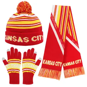 Knitted Kansas City Ribbed Beanie Scarf & Gloves Set Jacquard Design Elastic Warm Winter Accessories for Football Fans Winter Fashion