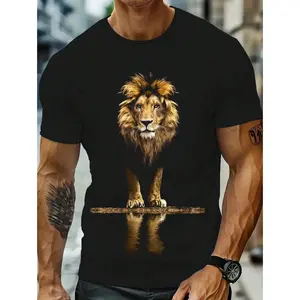 Summer New Arrival T-Shirt.Lion Printed.Solemn And Powerful Style.Casual Versatile.Casual Versatile.Comfortable And Breathable.Round Neck.Hot Selling Top Tee.Men'S Black Short-Sleeve T-Sh