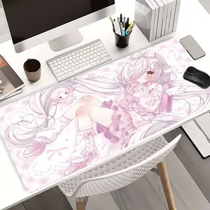 Cute Anime Girl in Pink Checkered Scene Mouse Pads Gaming Mouse Pad Extended Mouse Pad Computer Desk Mat with Non - Slip Rubber Base Stitched Edges Surface for PC Gamers Office Workers & Home Use