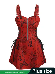 Women's Plus Size Halloween Skull Dress, Casual Chic Fitted Slim-fit Spaghetti Strap Zipper Dress, All Over Print Summer Fashion Style, Womenswear