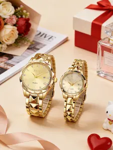 2pcs/set and Rhinestone Couple Quartz Watches, Roman Numeral Dial with Date Display, Luxury Metal Chain, Unisex Gift Boxed