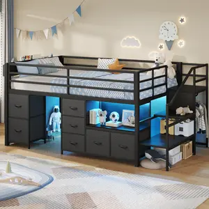ADORNEVE Low Loft Bed Twin Size with Stairs,7 Drawers, Bookcase and LED Lights, Metal Kids Loft Bed with 14" H Safety Guardrail,Inclined Ladder and Play Curtain, Under-Bed Play Space