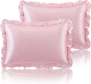 Ruffled Standard Satin Pillowcase Set of 2, Blush Pink Silky Satin Pillow Cases for Women Ruffle Pillow Shams Covers Princess Room Decoration, with Envelope Closure