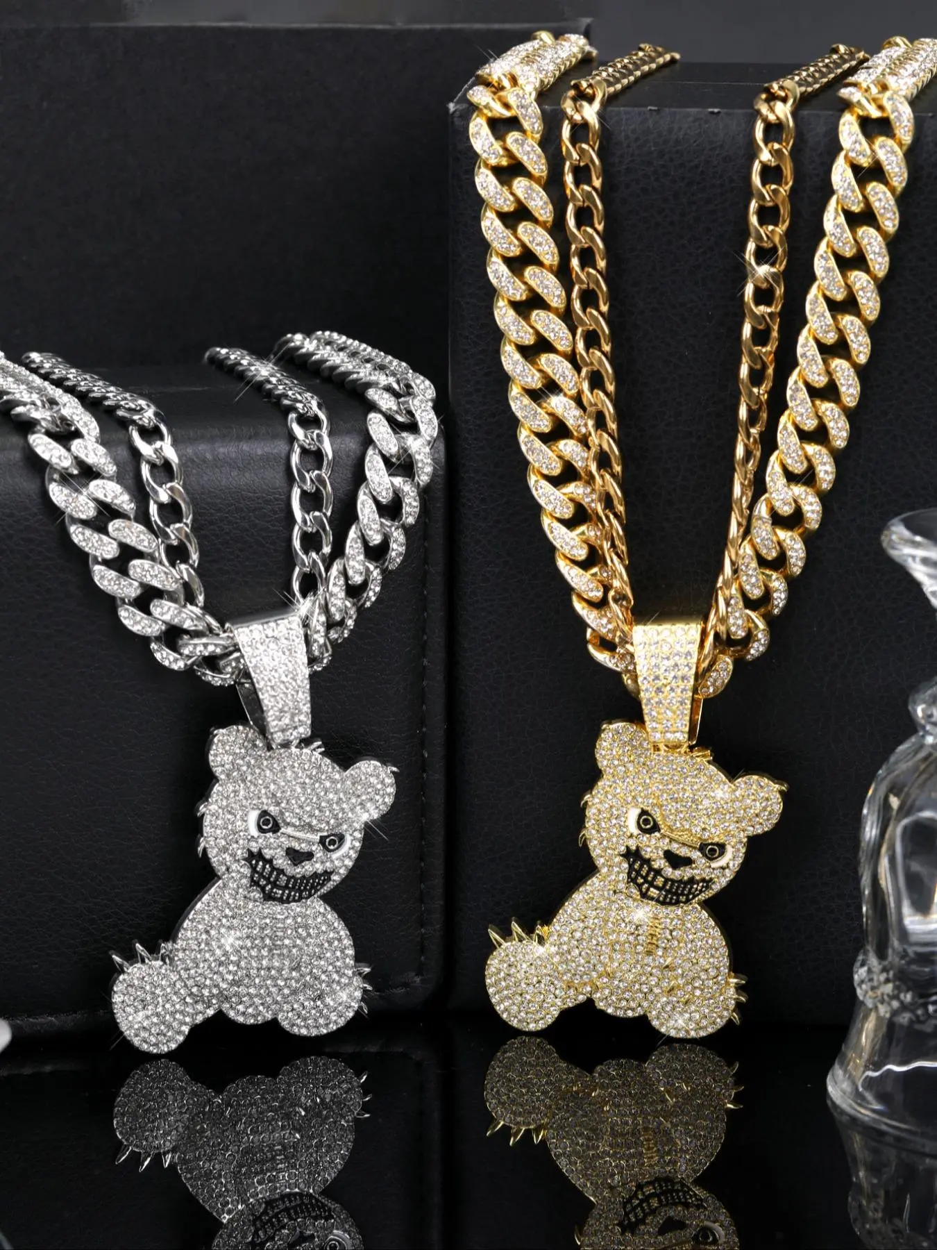 Bear Pendant Necklace, Rhinestone Decor Cuban Chain Necklace for Party, Daily Clothing Decor, Trendy All-match & Exquisite Jewelry for Birthday Gift