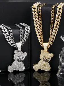 Bear Pendant Necklace, Rhinestone Decor Cuban Chain Necklace for Party, Daily Clothing Decor, Trendy All-match & Exquisite Jewelry for Birthday Gift