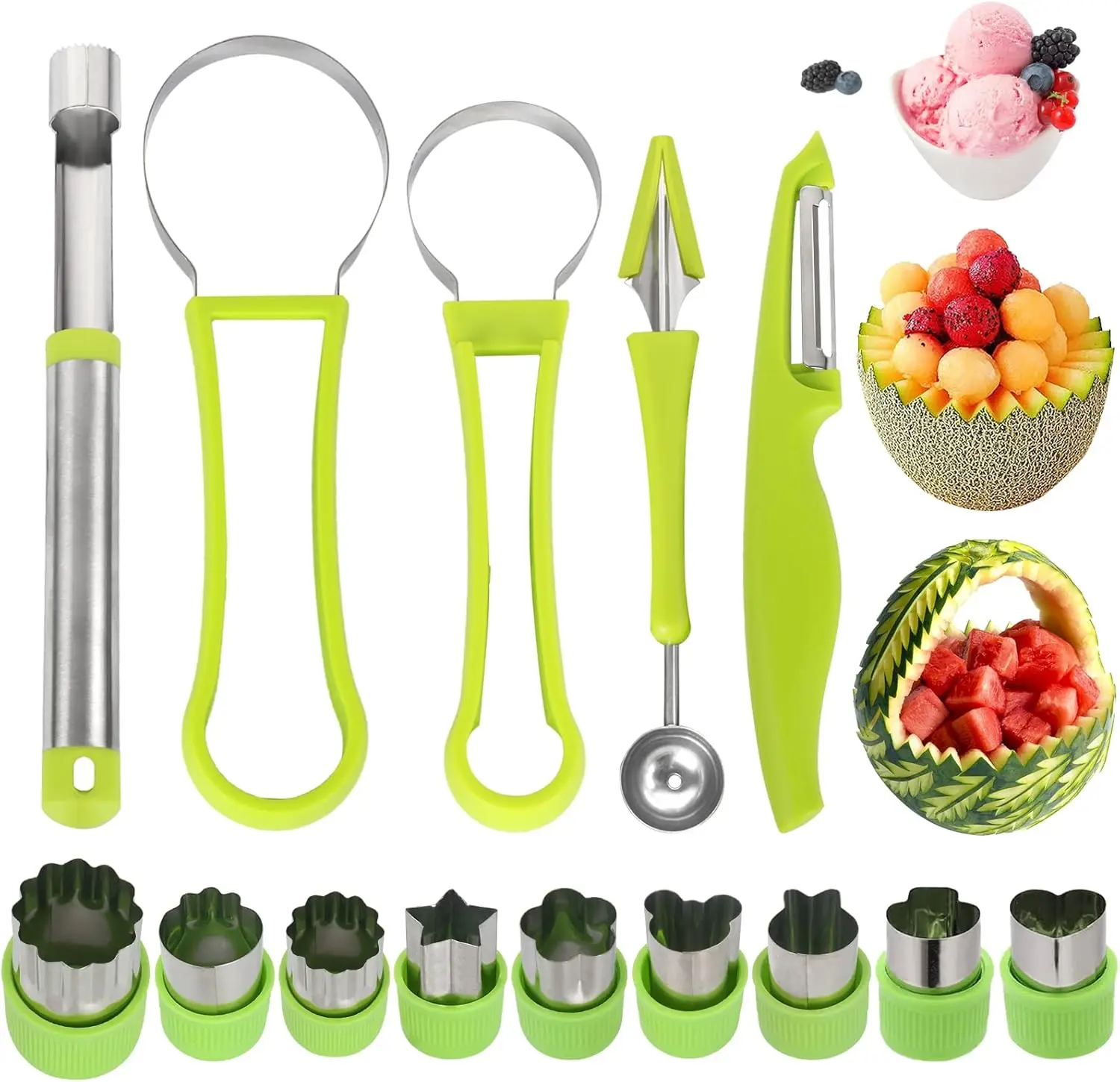 14-Piece Multifunctional Plastic Kitchen Utensil Tool Set - Stainless Steel Digger, Carving Knife, Corer, Peeler, Slicer, Fruit Shaper for Watermelon, Mini Pie & Fruit Bowl Making