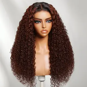 UNice Reddish Brown with Balck Root Jerry Curly Wig Gluless 13x4 Lace Frontal Human Hair Wigs with Drawstring Bleached Knots for Beginners