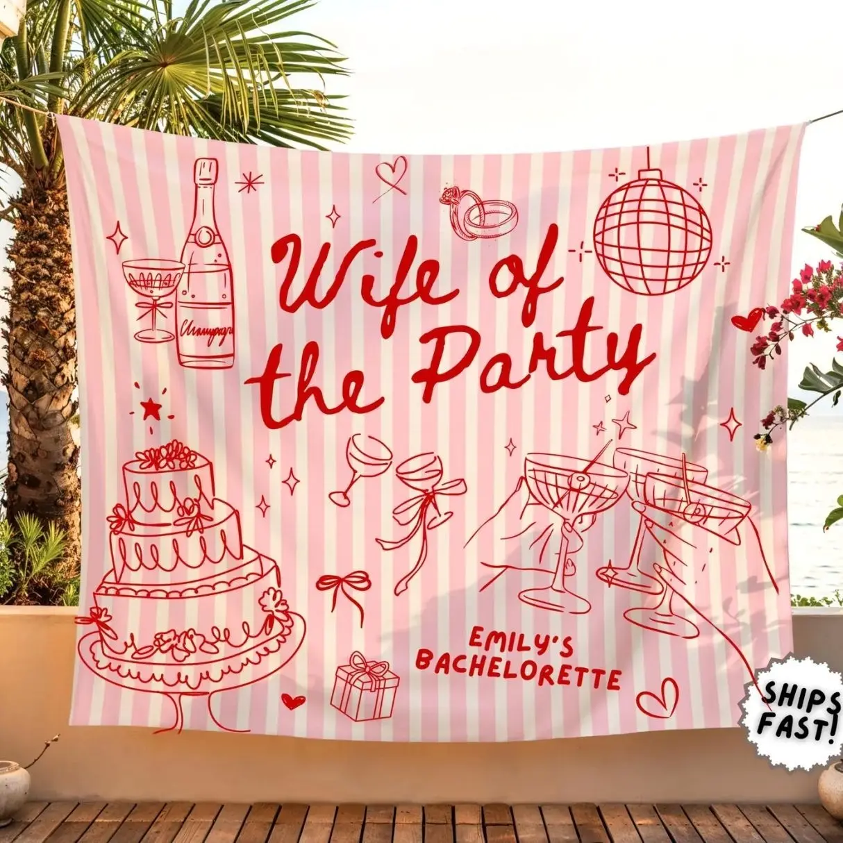 Custom Wife of The Party Bachelorette Tapestry, Personalized Bride Photo Backdrop for Bachelorette Weekend Decor