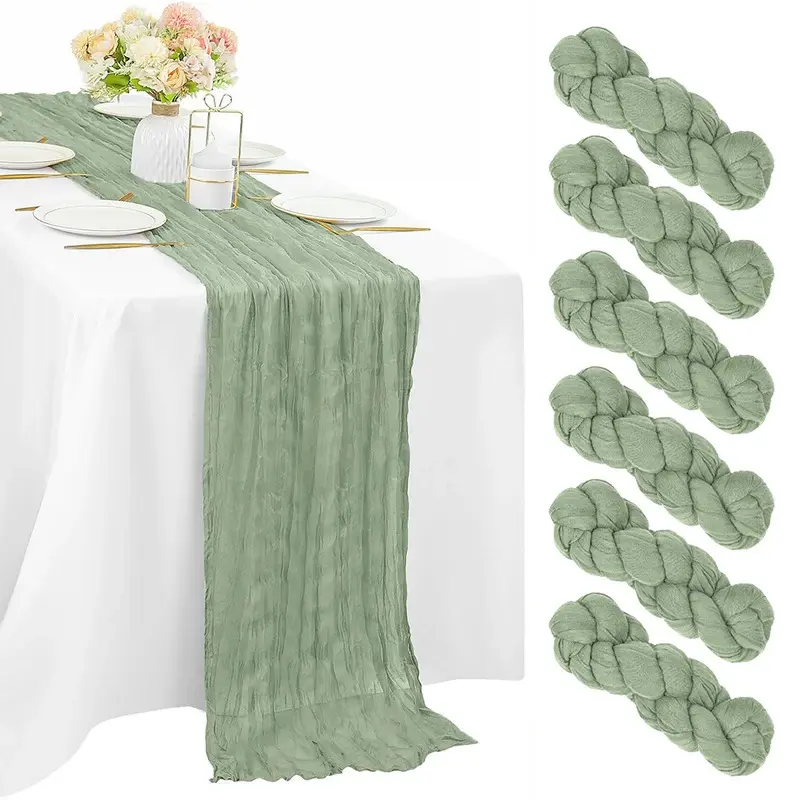 Sage Green Boho Polyester Gauze Long Table Runner, Blue-Pink Cheesecloth Runner for Wedding, Home Party Decor, Long Runner