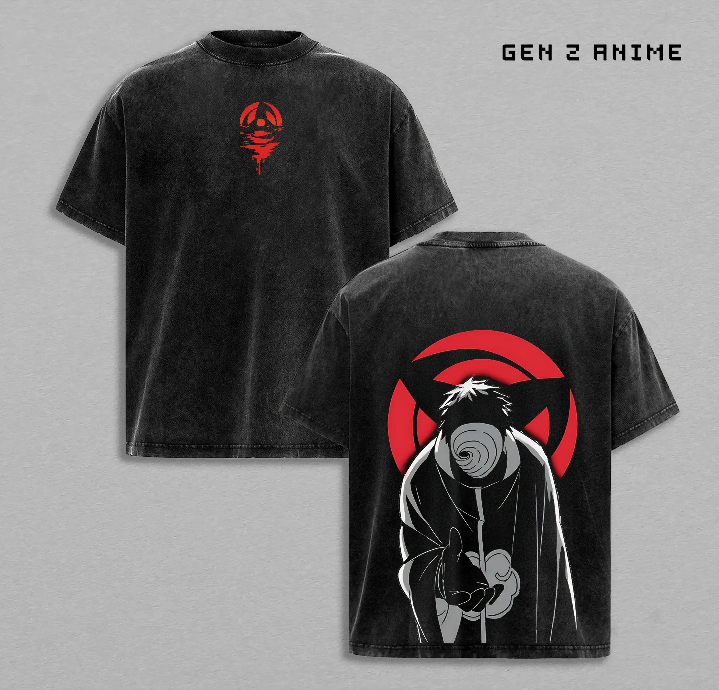 Obito Uchiha Kamui Vintage Washed Oversized T Shirt, Naruto Akatsuki Anime Graphic Tee, Red Moon Aesthetic Streetwear, Double Sided Print Heavyweight Cotton