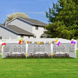 9M x 3M White Pergola Tent w/ 5 Sided Walls & Clear Windows | Heavy Duty Iron Frame & Spiral Pipe Connection, Waterproof PE Canopy for Wedding, Backyard BBQ, Flea Market, or Carport, Easy Assembly