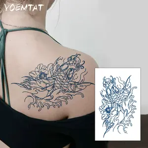 Juice Ink Lasting Lotus Carp Auspicious Pattern Waterproof Temporary Tattoo Sticker Fake Tatoo Body Art Semi Permanent Tatto For Men Women Collarbone Shoulder Wrist