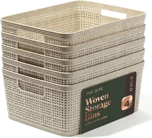 BINO | Woven Plastic Basket | Small (Natural), 5-Pack | THE JUTE COLLECTION | Home Organization, Space - Saving Storage, Stylish Design | Jute Basket | Plastic Storage Basket