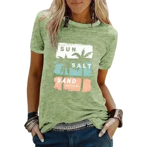 Flamingals Coconut Tree & Letter Print Round Neck Short Sleeve T-Shirt Womenswear Summer Vibes