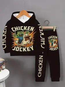 Boys' Zombie Chicken Hoodie Set, Casual Fitted Geometric Pattern, Short Pants, Perfect for Spring & Fall, Outdoor Activities