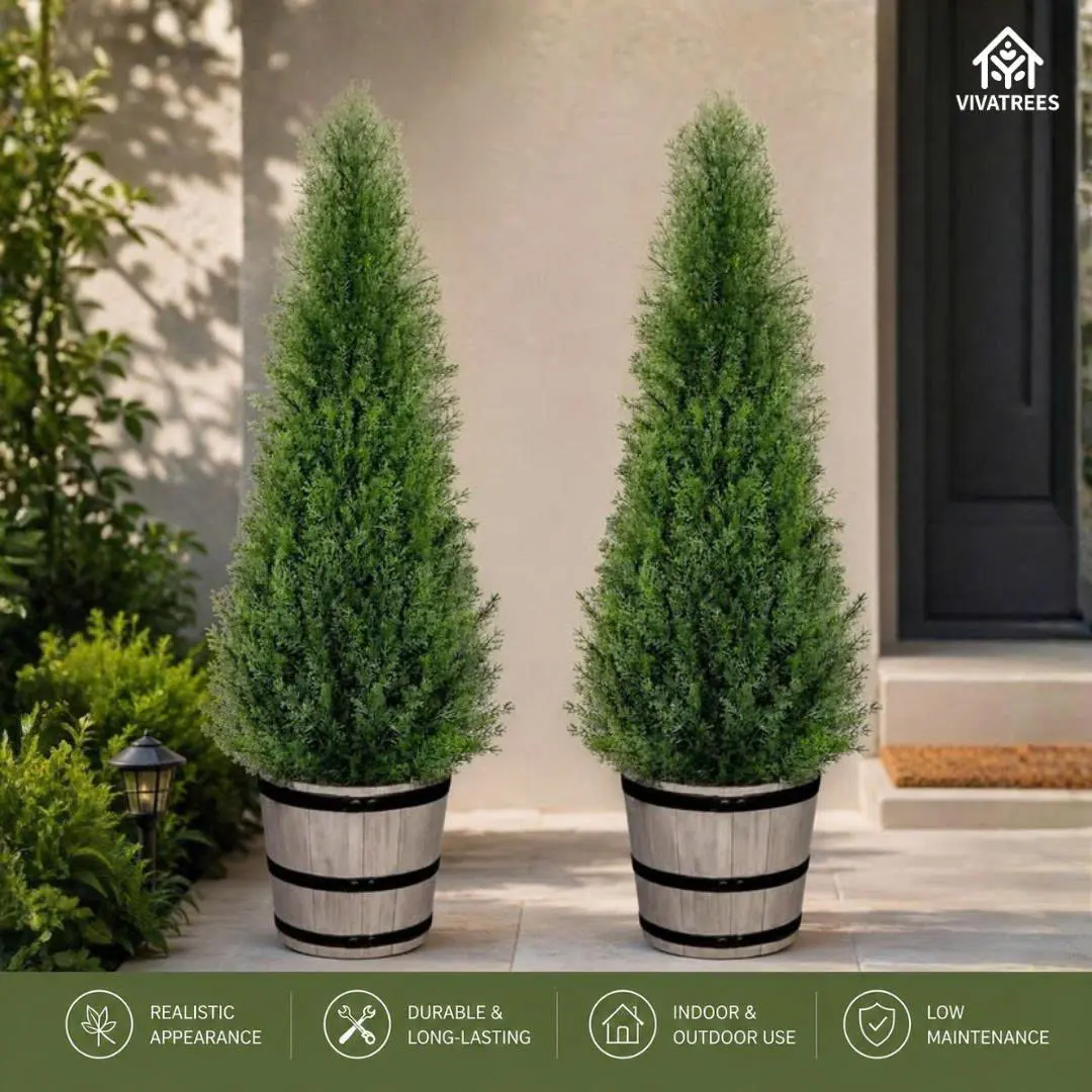 [Set of 2] 4FT Artificial Cedar Topiary Trees with Rustic Barrel Planter, Faux Indoor Outdoor Pine Shrubs, Realistic Fake Cypress Plants for Home, Office & Porch Decor