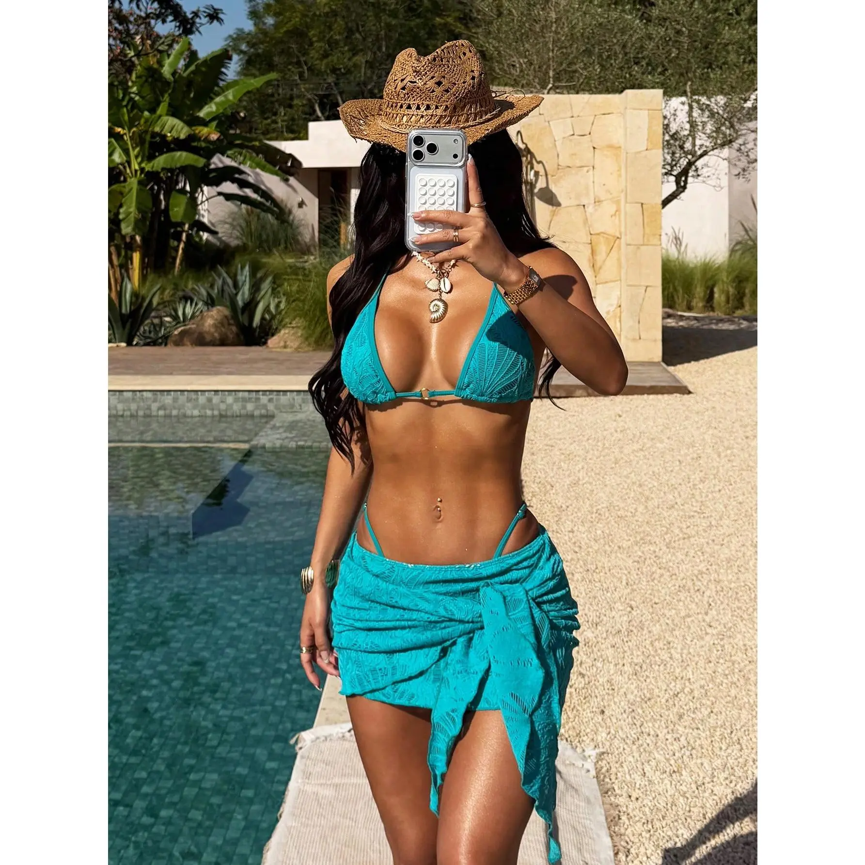 2026 Spring/Summer Women's 3-Piece Solid Color Mesh Fabric Bikini Set - Triangle Top + Low-Waist Shorts, Gold Circle Decor Wrap Dress, Retro Style Swimwear Suitable For Beach Vacation, Summer Pool Party, Nautical Themed Swimsuit Collection