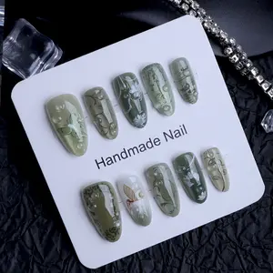 10 almond shaped acrylic press on nails spring summer lotus pond and leaf 3D gel cat eye fake nails flower print suitable for cute ladies and girls a must have for outings and dates Y2K nail art with jelly glue 1 piece 1 rub strip