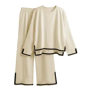 Women’s long-sleeve knitted sweater set with casual wide-leg pants, cozy home wear, 2-piece set for daily use