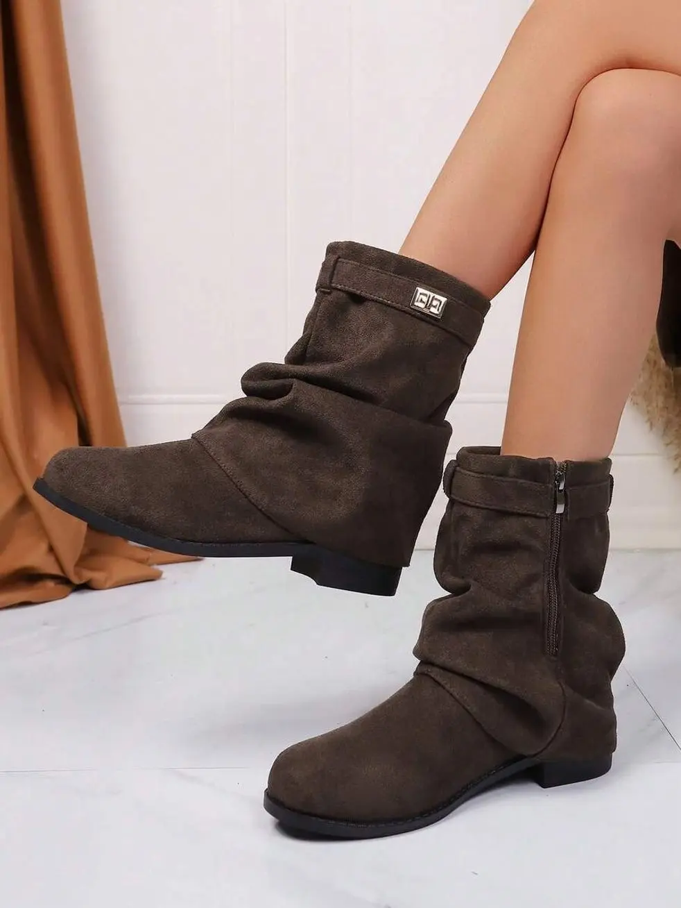 Women’s Brown Suede Slouchy Ankle Boots, Side Zip Low Heel Casual Boots, Vintage Y2K Fall Winter Everyday Shoes