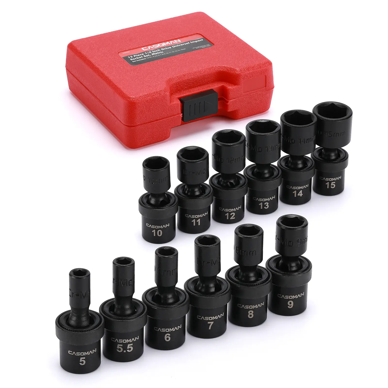 CASOMAN 1/4-Inch Drive Shallow 6-Point Metric Flex Socket Set, 12-Piece (5mm to 15mm) Chrome Molybdenum Steel Impact Sockets with Corrosion-Resistant Finish, 360° Rotation Freedom & Swivel Tool Box, 360° Freedom For Rotation