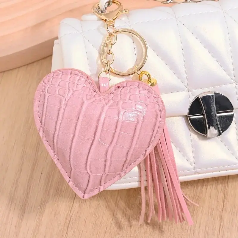 Pink Heart Bag Charm with Tassel and Gold Hardware - Stylish Accessory for Your Purse