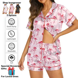Bright Flamingo Print Women’s Satin Pajama Set – Soft Short Sleeve Sleepwear & Homewear, Perfect Gift for Mom & Her
