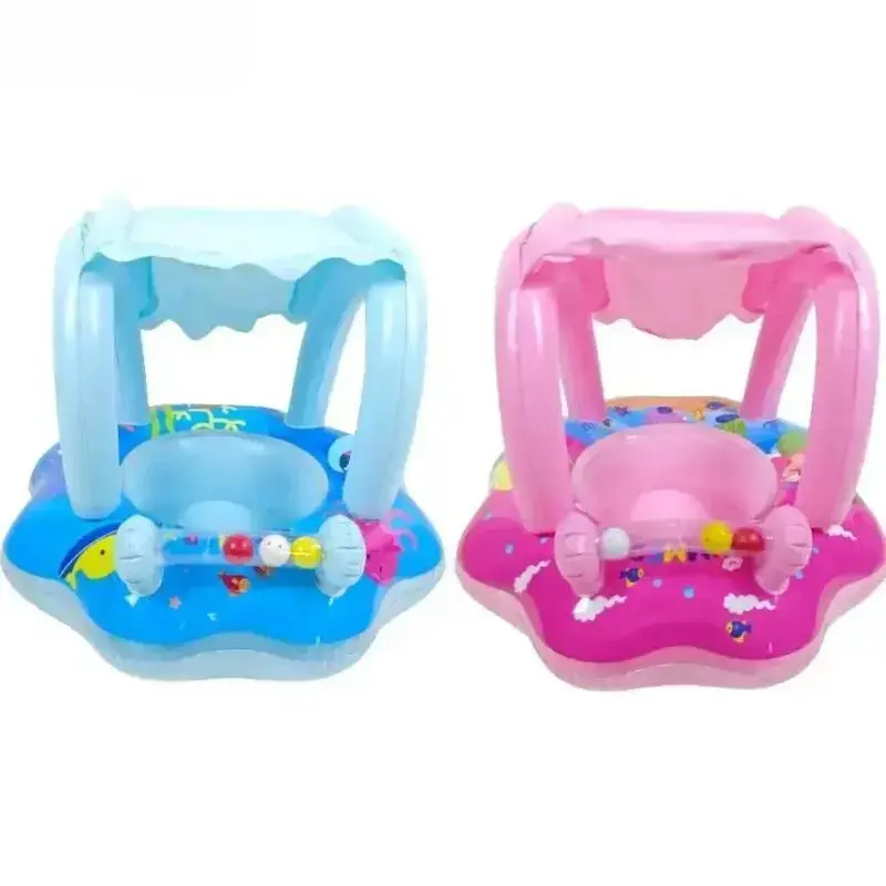 Anti Tip Inflatable Baby Swim Float With Sun Canopy Interactive Toy Bar Toddler Safe Pool Training Ring Summer Beach Vacation Gear, Inflatable Toddler Floaties, Anti-Rollover Structure, Colorful Beads, Cute, Durable, Leak-Proof Material, Funky, Peppy, Eve