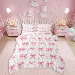 Girly Ribbon Bow Bedding for Her,Kawaii Polka Dots Comforter Set for Teens Adults,Various Bowknots Down Comforter,Watercolor Bowtie Girls Duvet Insert
